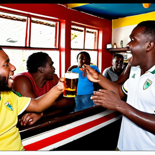 Home 4 **Image:** A lively scene inside a Jamaican bar on a Saturday morning. Fans are intensely watching a Premier League football match on TV, Red Stripe beers in hand. Some are animatedly arguing and gesturing, likely discussing the game and their bets. The atmosphere is thick with excitement and friendly rivalry.