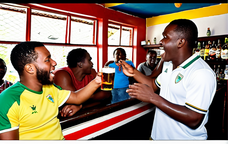 **Image:** A lively scene inside a Jamaican bar on a Saturday morning. Fans are intensely watching a Premier League football match on TV, Red Stripe beers in hand. Some are animatedly arguing and gesturing, likely discussing the game and their bets. The atmosphere is thick with excitement and friendly rivalry.