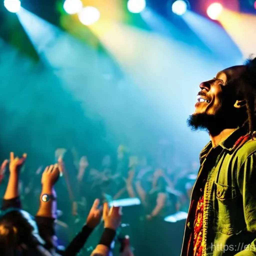 밥 말리 음악과 영향 - **Prompt:** A dynamic, full-body shot of Bob Marley on a brightly lit concert stage, dreadlocks flow...