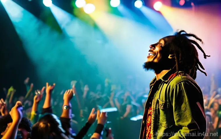 밥 말리 음악과 영향 - **Prompt:** A dynamic, full-body shot of Bob Marley on a brightly lit concert stage, dreadlocks flow...