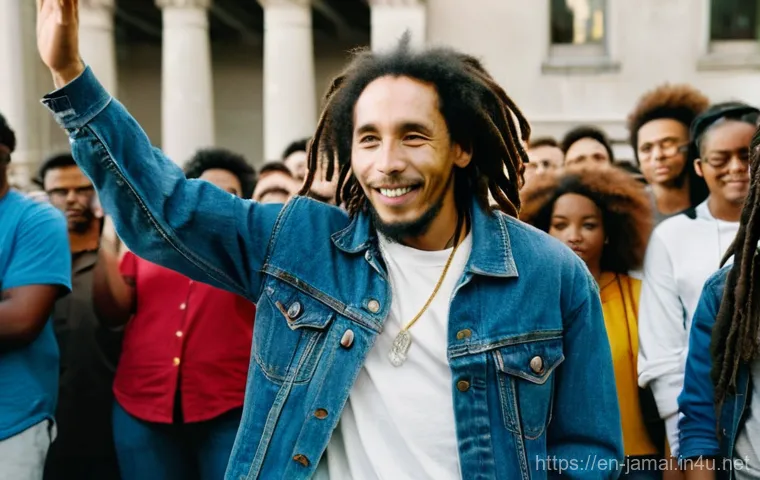밥 말리 음악과 영향 - **Prompt:** A dynamic, full-body shot of Bob Marley on a brightly lit concert stage, dreadlocks flow...