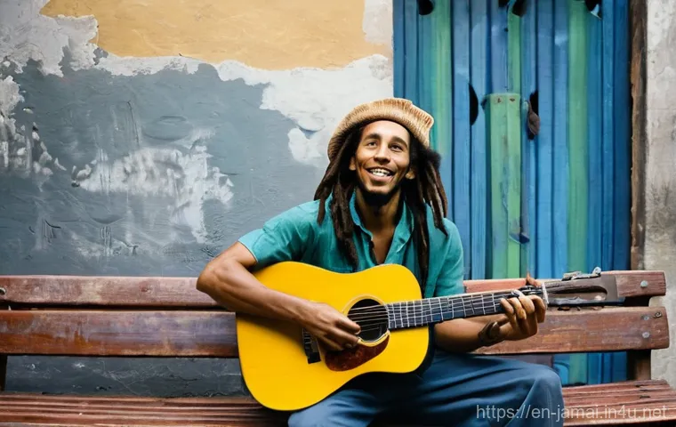 밥 말리 음악과 영향 - **Prompt:** Bob Marley standing center frame, dressed in a classic denim jacket over a simple t-shir...