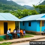 자메이카의 인터넷과 IT 인프라 - A vibrant Jamaican rural village scene with lush mountainous terrain in the background, showcasing a...