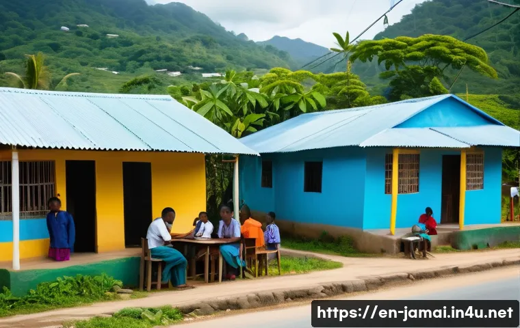 자메이카의 인터넷과 IT 인프라 - A vibrant Jamaican rural village scene with lush mountainous terrain in the background, showcasing a...