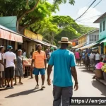 자메이카 크리올 문화 - A vibrant street scene in Kingston, Jamaica, showing diverse people engaging in casual conversation ...