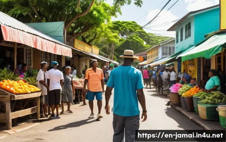 자메이카 크리올 문화 - A vibrant street scene in Kingston, Jamaica, showing diverse people engaging in casual conversation ...