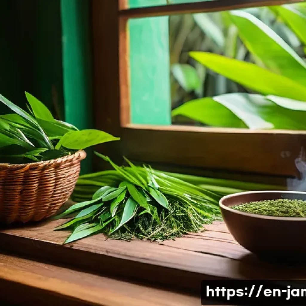 자메이카 전통 약초와 자연 치유법 - A vibrant close-up scene of a Jamaican herbalist’s rustic wooden table featuring freshly picked bitt...
