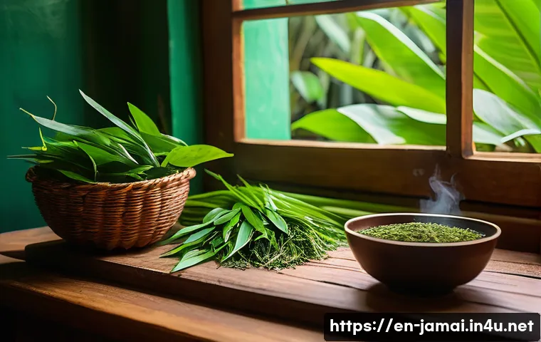 자메이카 전통 약초와 자연 치유법 - A vibrant close-up scene of a Jamaican herbalist’s rustic wooden table featuring freshly picked bitt...