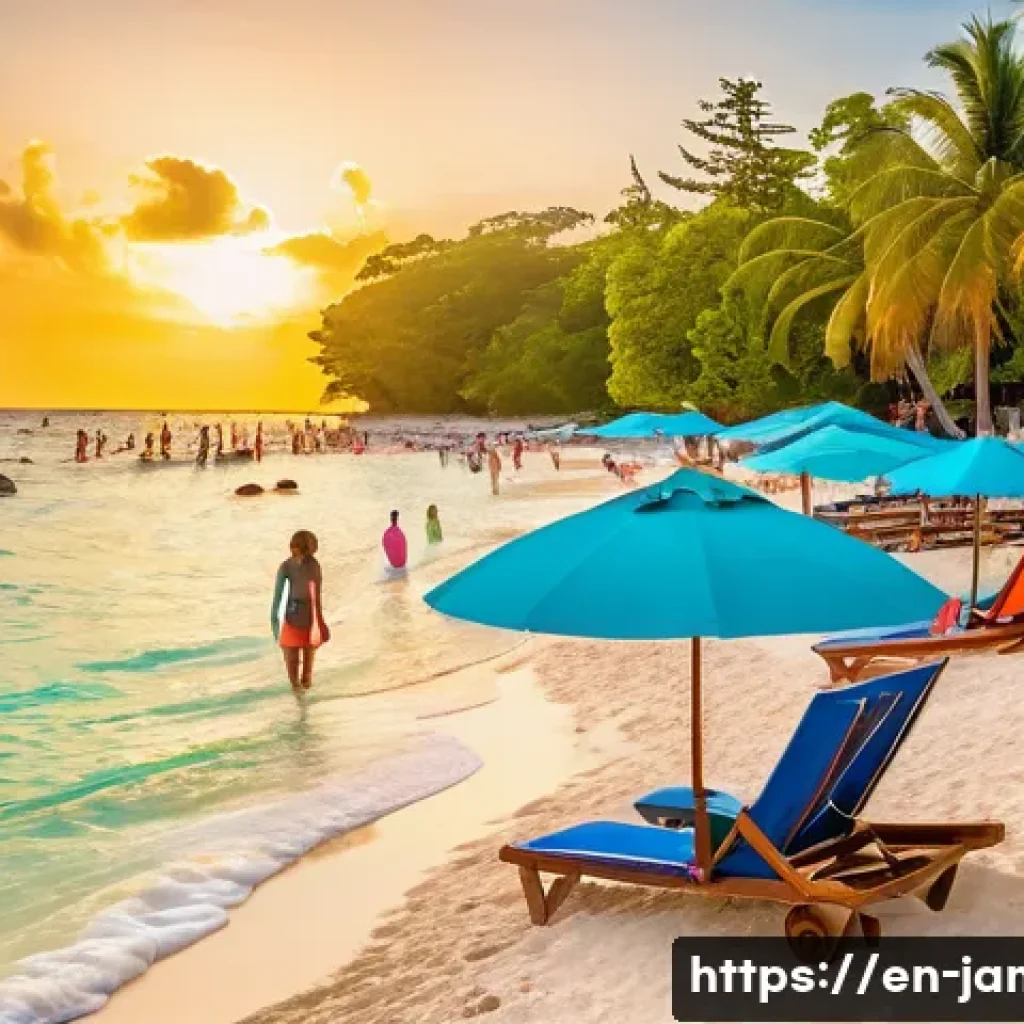 자메이카 관광산업 - A vibrant and lively beach scene at Jamaica’s iconic Seven Mile Beach in Negril during sunset, featu...