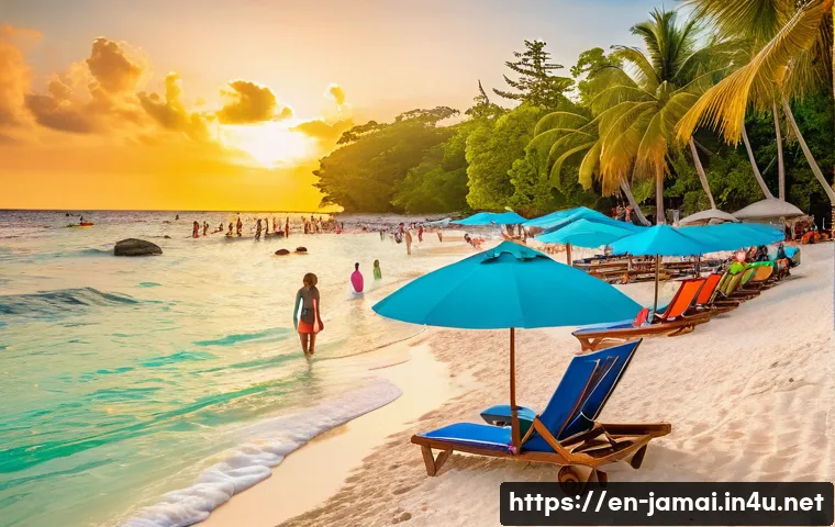 자메이카 관광산업 - A vibrant and lively beach scene at Jamaica’s iconic Seven Mile Beach in Negril during sunset, featu...