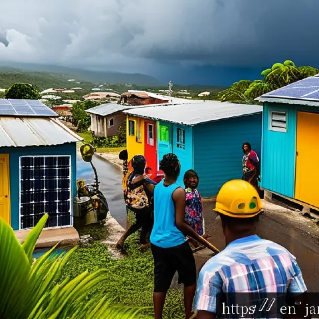 자메이카에서 자주 발생하는 자연재해 - A vibrant coastal Jamaican town preparing for an approaching hurricane: residents of various ages, a...