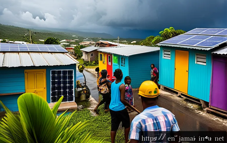 자메이카에서 자주 발생하는 자연재해 - A vibrant coastal Jamaican town preparing for an approaching hurricane: residents of various ages, a...