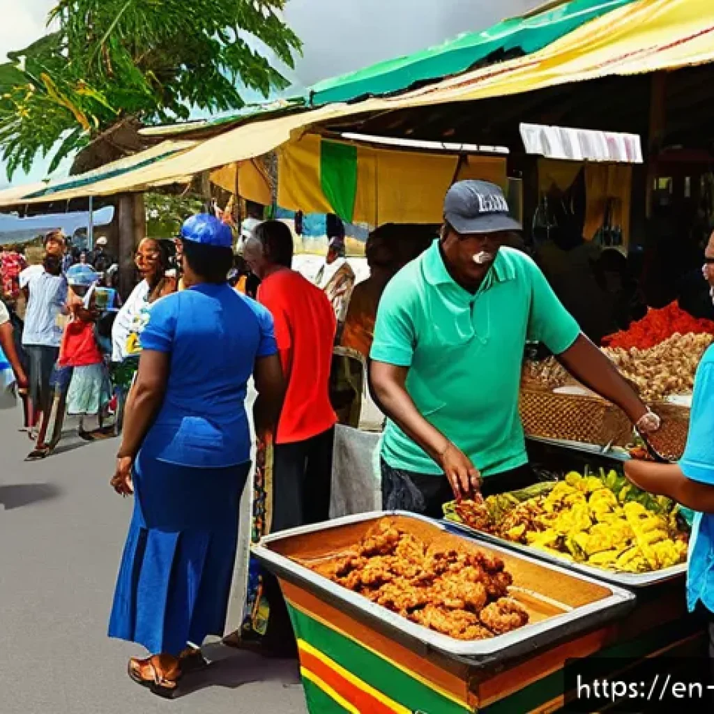 자메이카의 주요 항구와 크루즈 여행 - A vibrant Jamaican port scene bustling with local street vendors selling jerk chicken, tropical frui...