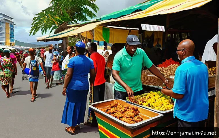자메이카의 주요 항구와 크루즈 여행 - A vibrant Jamaican port scene bustling with local street vendors selling jerk chicken, tropical frui...