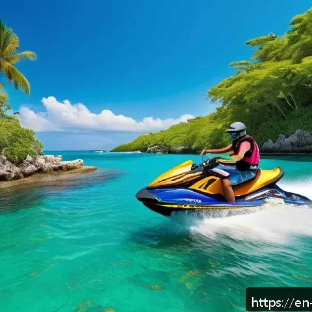 자메이카에서 즐길 수 있는 수상 스포츠 - A vibrant action scene of a young adult jet skiing near Montego Bay’s coastline under a bright sunny...