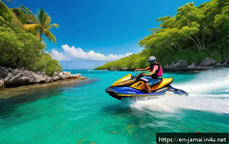 자메이카에서 즐길 수 있는 수상 스포츠 - A vibrant action scene of a young adult jet skiing near Montego Bay’s coastline under a bright sunny...