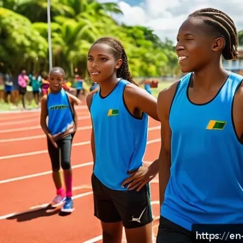 자메이카 내 주요 스포츠와 인기 선수 - A dynamic scene of a Jamaican sprint training session on a sunlit outdoor track, featuring young ath...