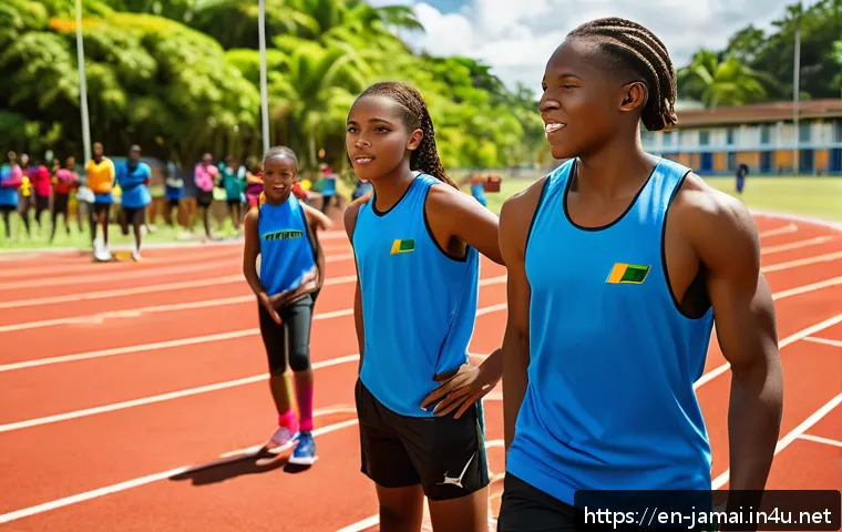 자메이카 내 주요 스포츠와 인기 선수 - A dynamic scene of a Jamaican sprint training session on a sunlit outdoor track, featuring young ath...