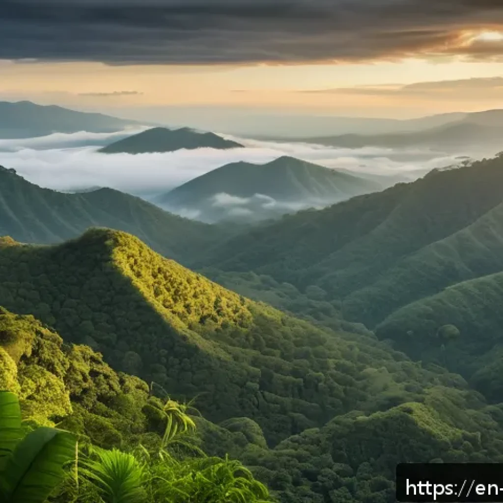 자메이카에서 촬영된 유명 영화 - A cinematic view of Jamaica’s Blue Mountains at dawn, featuring mist-covered rugged peaks and dense ...