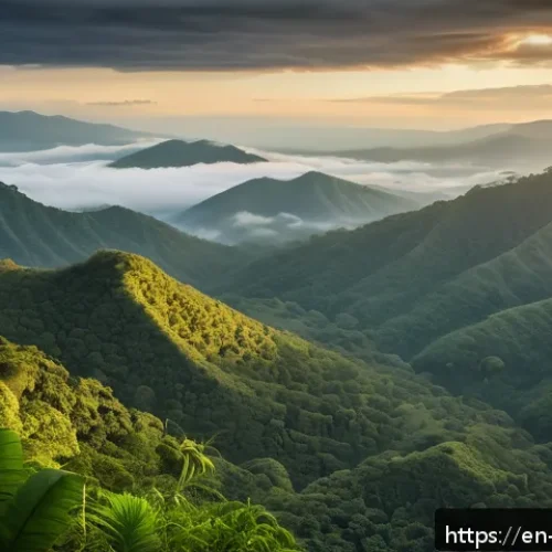 자메이카에서 촬영된 유명 영화 - A cinematic view of Jamaica’s Blue Mountains at dawn, featuring mist-covered rugged peaks and dense ...