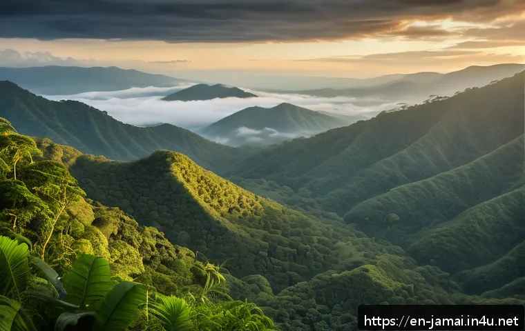 자메이카에서 촬영된 유명 영화 - A cinematic view of Jamaica’s Blue Mountains at dawn, featuring mist-covered rugged peaks and dense ...
