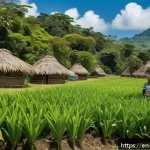 자메이카의 주요 역사적 사건 - A vibrant scene depicting the Taíno people in pre-colonial Jamaica, showcasing their agricultural pr...