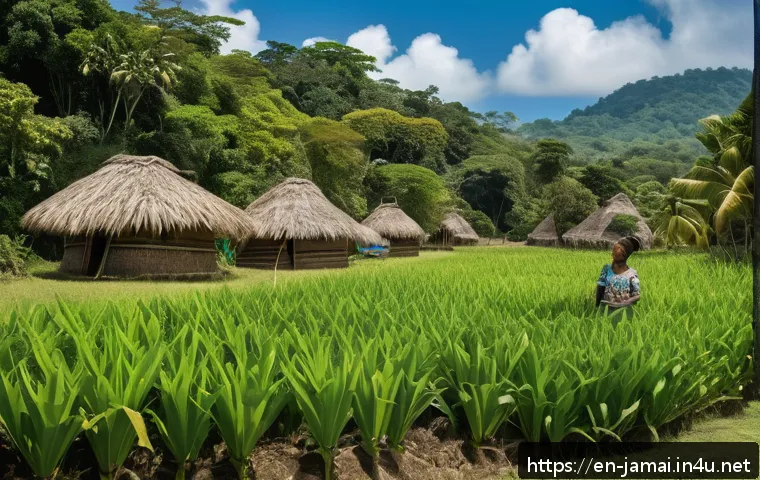 자메이카의 주요 역사적 사건 - A vibrant scene depicting the Taíno people in pre-colonial Jamaica, showcasing their agricultural pr...