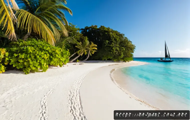 자메이카 해변 여행지 - Photorealistic wide-angle view of Seven Mile Beach, Jamaica, pristine white sand curving beside clea...